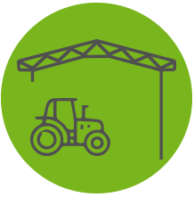 Grüner Kreis mit einem gezeichnetem Traktor in der Mitte.