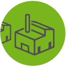 Grüner Kreis mit einem gezeichneten Industriegebäude in der Mitte