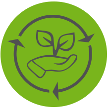 Grüner Kreis mit einer gezeichneten offenen Hand in der Mitte aus der ein Pflanzenspross wächst.